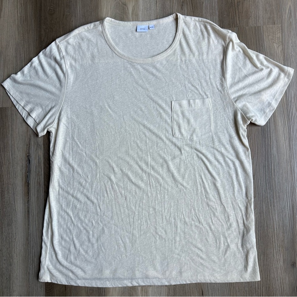 Onia Men's XL T Shirt Short Sleeve Cream Ivory White Linen Blend Pocket Tee